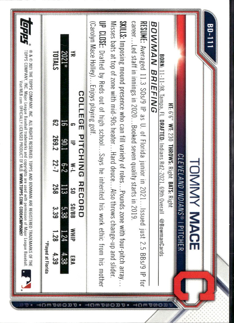 Tommy Mace 2021 Bowman Draft 1st Edition RED SSP 4/5 Cleveland Indians