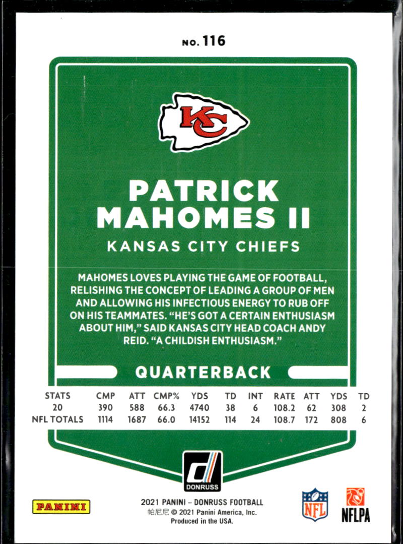 Patrick Mahomes II 2021 Donruss Purple Mask Variation 240/500 Kansas City Chiefs