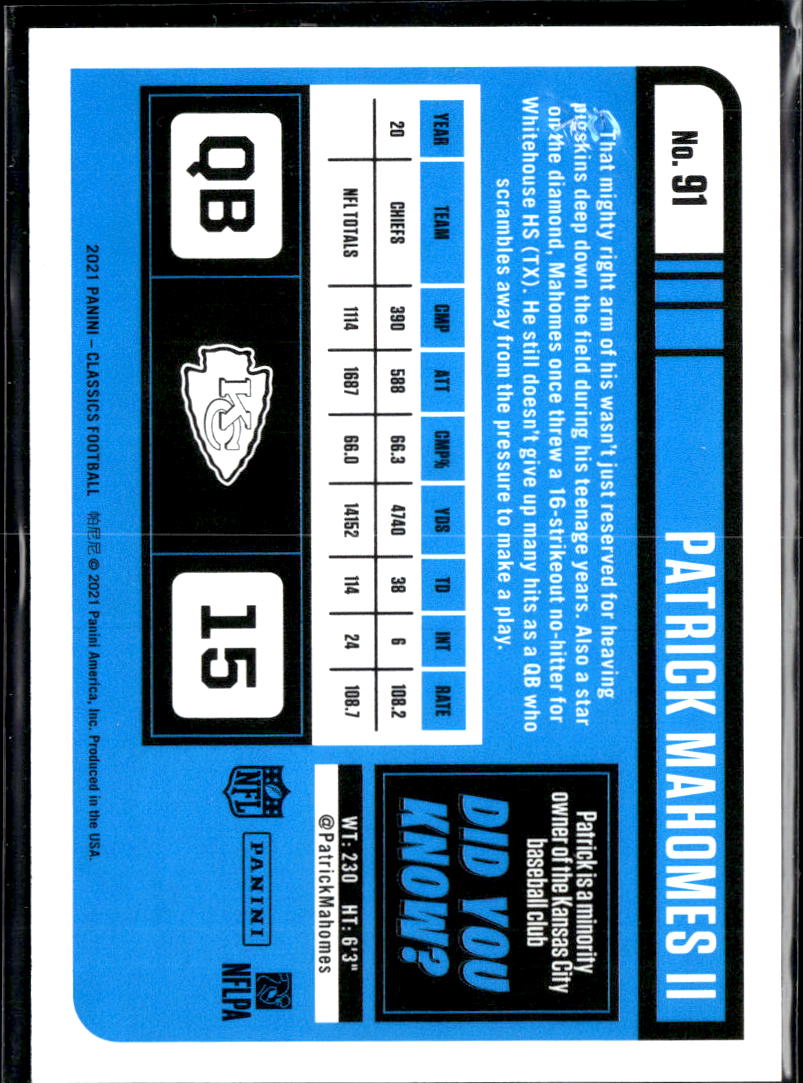 Patrick Mahomes II 2021 Classics Blue Back 14/75 Kansas City Chiefs
