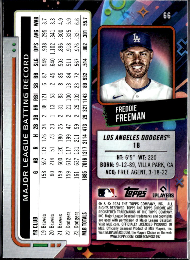 Freddie Freeman 2024 Topps Chrome Cosmic Purple Refractor 137/150 LA Dodgers