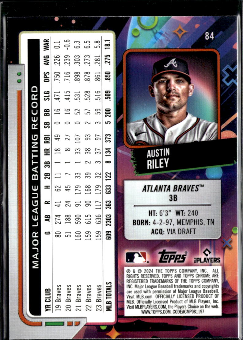 Austin Riley 2024 Topps Chrome Cosmic Blue Refractor 29/99 Atlanta Braves