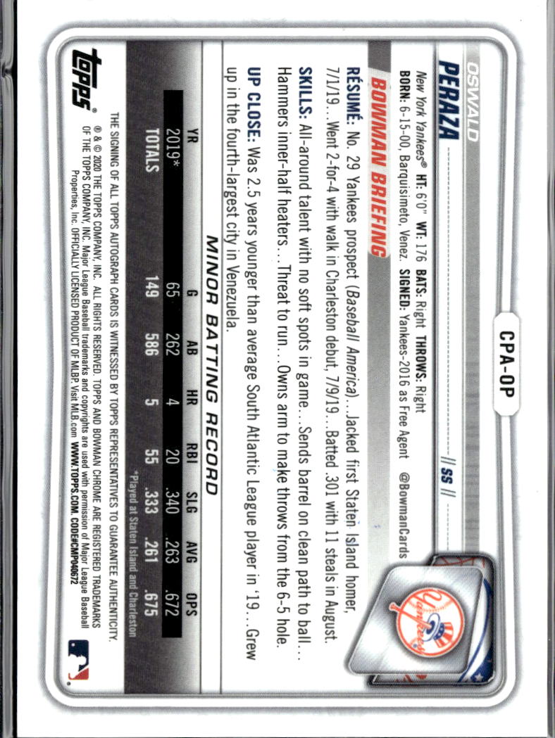 Oswald Peraza 2020 Bowman Chrome 1st Auto Autograph RC Blue 42/150 NY Yankees