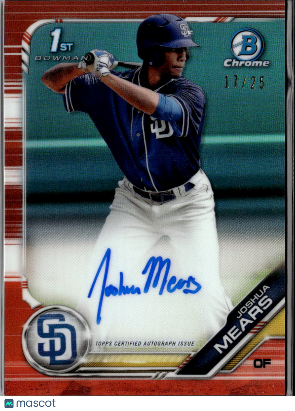 Joshua Mears 2019 Topps Bowman Chrome 1st Auto Autograph RC Orange /25 Padres