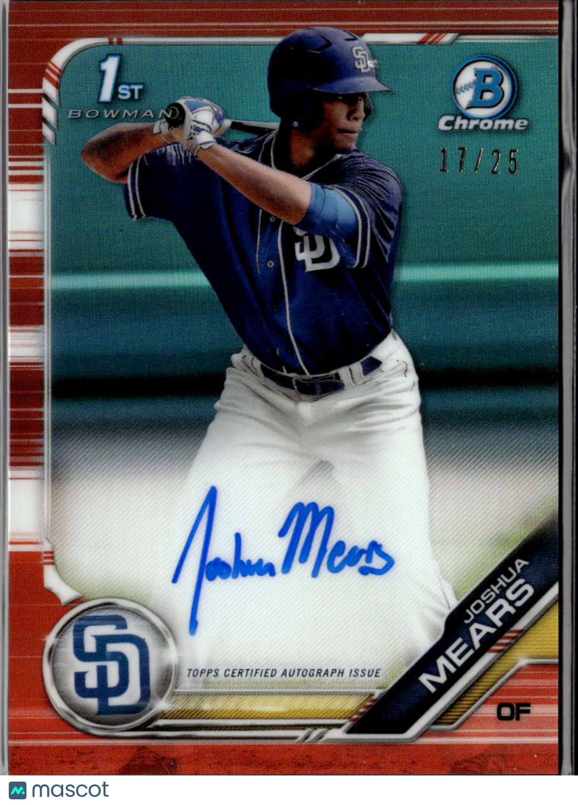 Joshua Mears 2019 Topps Bowman Chrome 1st Auto Autograph RC Orange /25 Padres