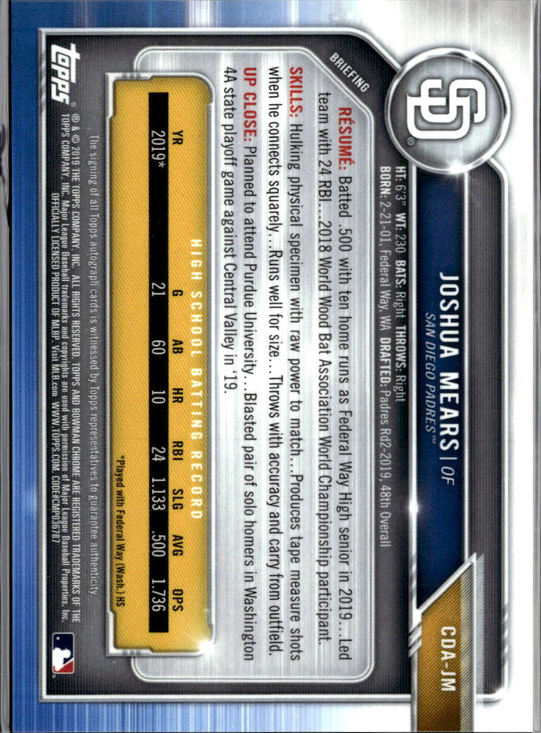 Joshua Mears 2019 Topps Bowman Chrome 1st Auto Autograph RC Orange /25 Padres