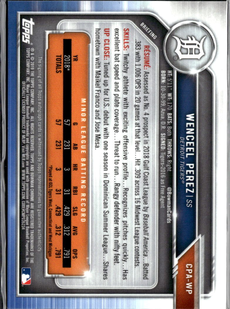 Wenceel Perez 2019 Bowman Chrome Auto Autograph Orange 3/25 Detroit Tigers