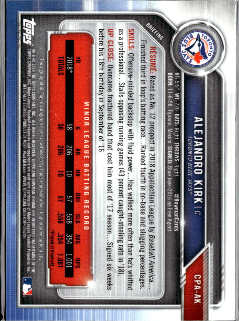 Alejandro Kirk 2019 Bowman Chrome 1st Auto Autograph Orange 15/25 Blue Jays