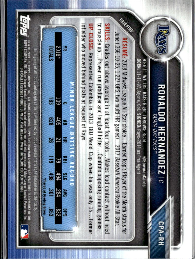 Ronaldo Hernandez 2019 Bowman Chrome Auto Autograph Orange 2/25 Tampa Bay Rays