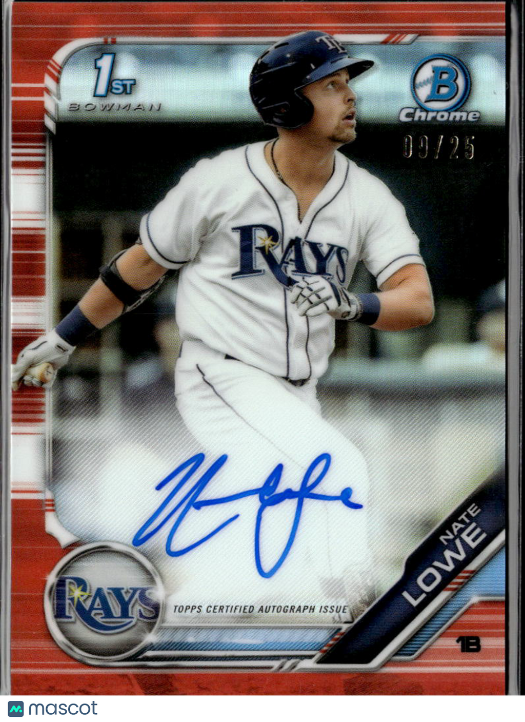 Nate Lowe 2019 Bowman Chrome 1st Auto Autograph Orange 9/25 Tampa Bay Rays