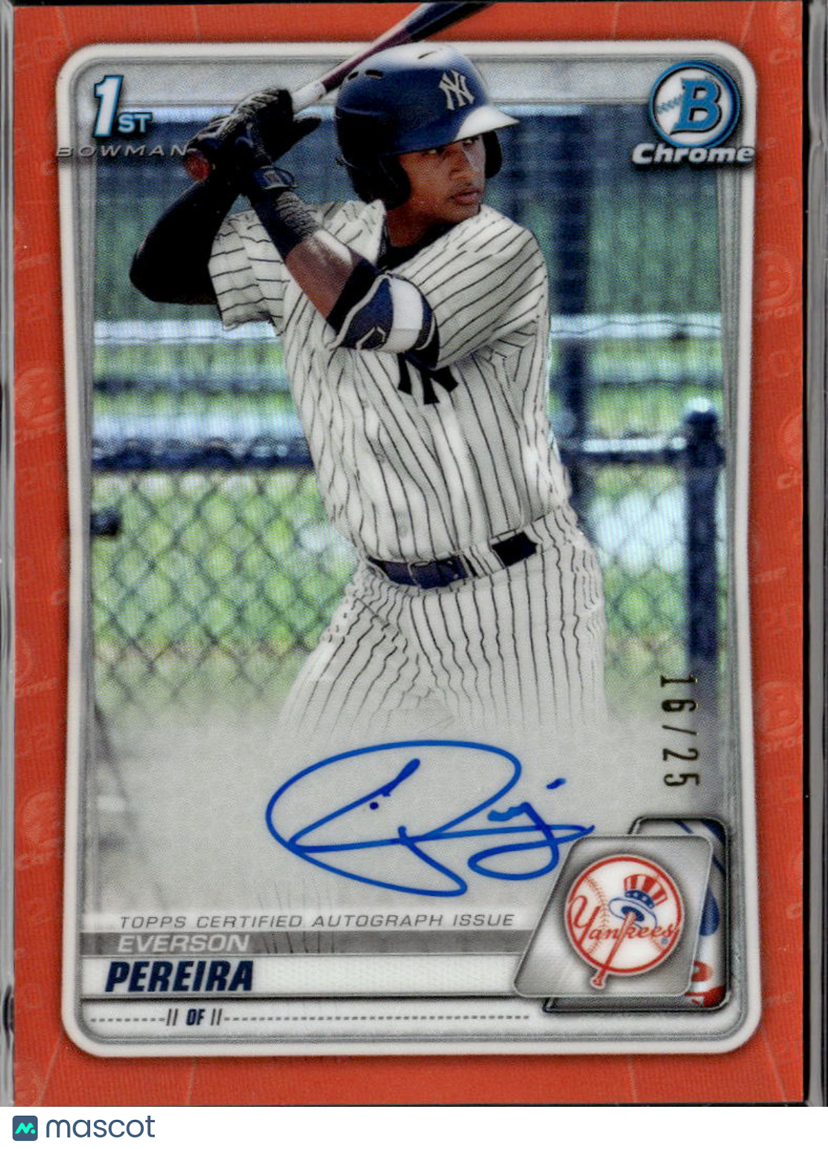 Everson Pereira 2020 Bowman Chrome 1st Auto Autograph Orange /25 NY Yankees