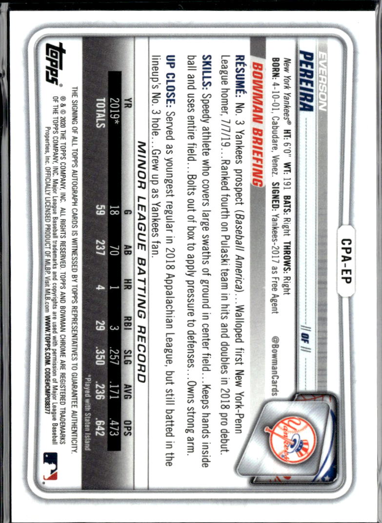Everson Pereira 2020 Bowman Chrome 1st Auto Autograph Orange /25 NY Yankees