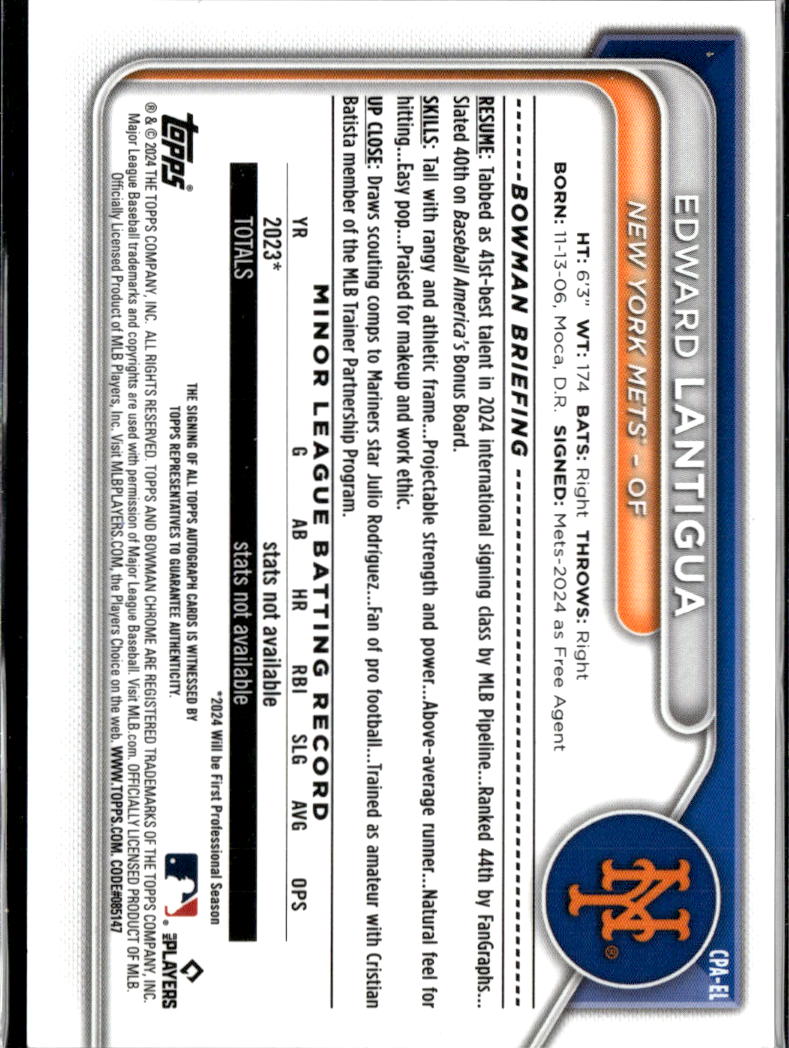 Edward Lantigua 2024 Bowman Chrome 1st Auto Autograph Orange 12/25 New York Mets