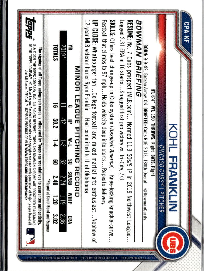 Kohl Franklin 2021 Topps Bowman Chrome 1st Orange Auto Autograph /25 Cubs