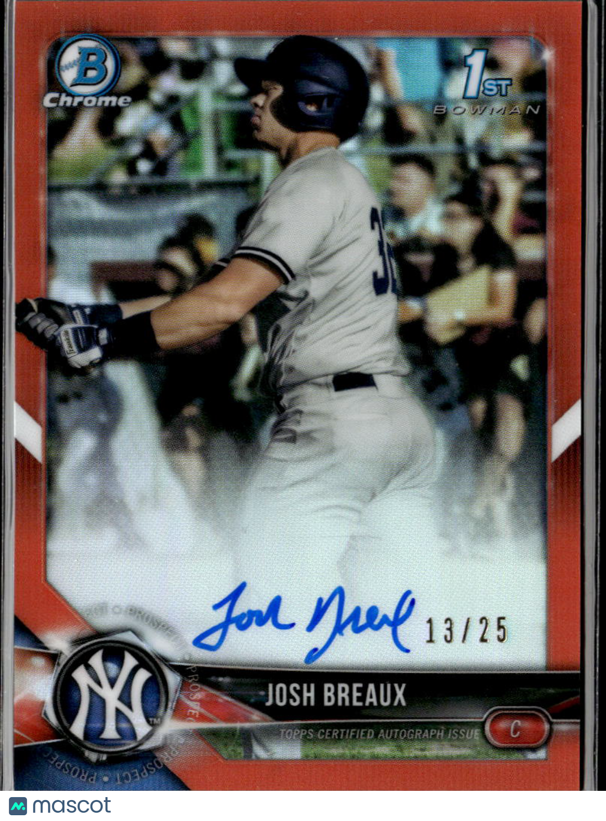 Josh Breaux 2018 Bowman Chrome 1st Auto Autograph RC 13/25 New York Yankees