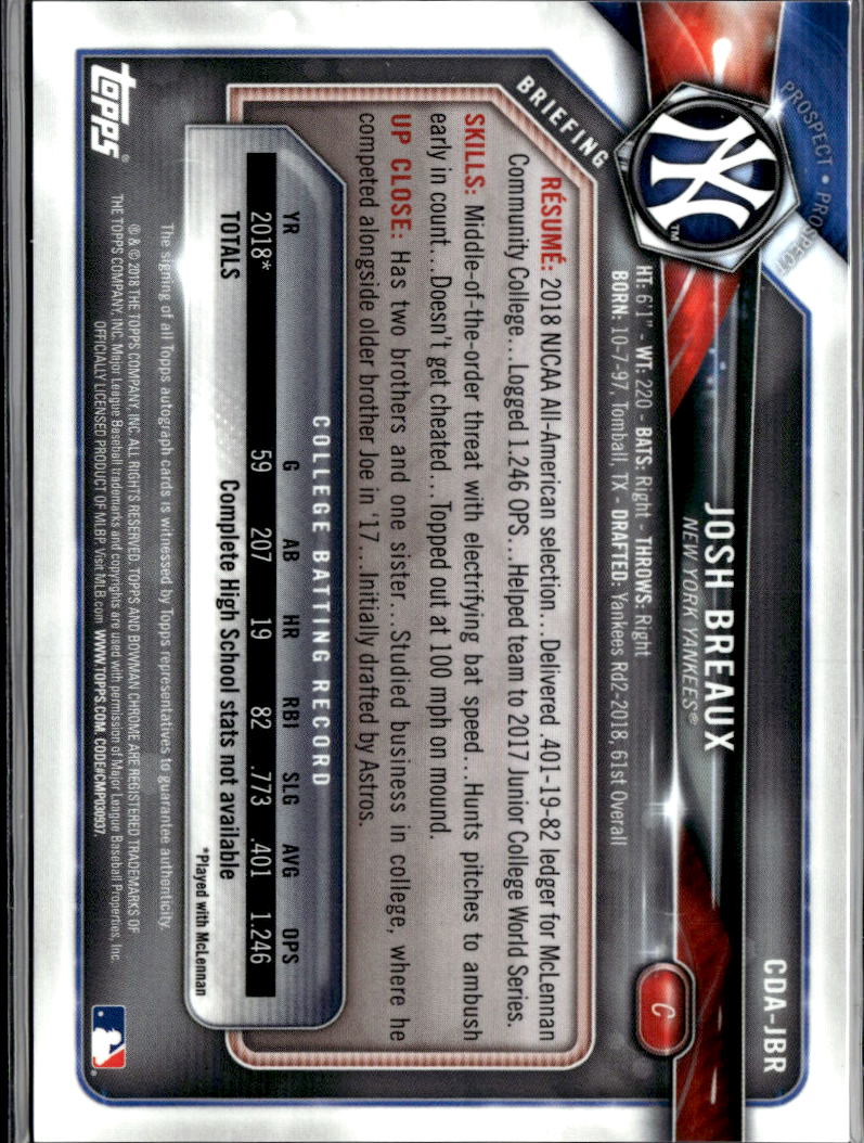 Josh Breaux 2018 Bowman Chrome 1st Auto Autograph RC 13/25 New York Yankees