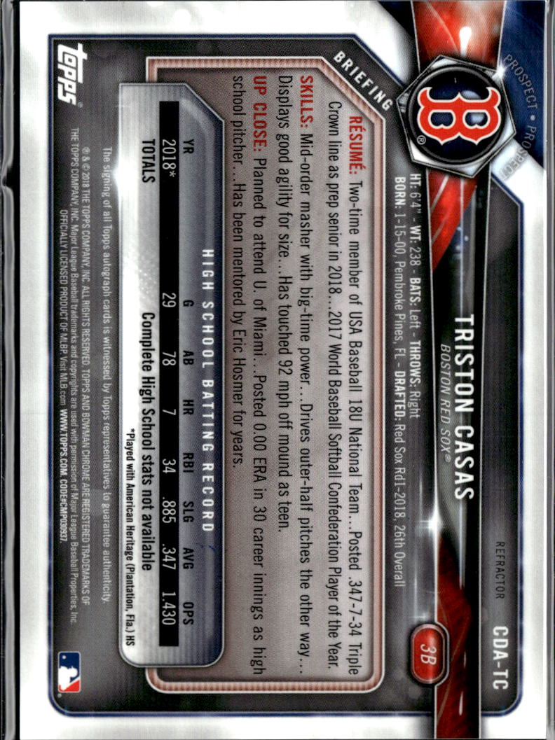 Triston Casas 2018 Bowman Chrome 1st Auto Autograph 112/499 Boston Red Sox