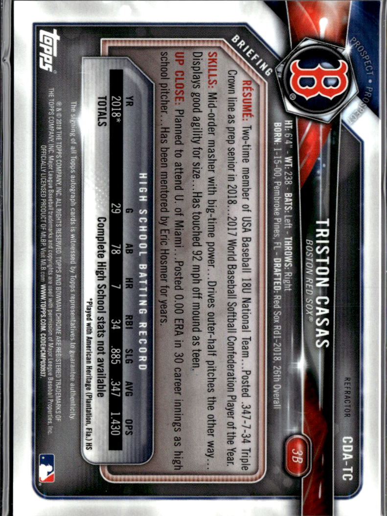 Triston Casas 2018 Bowman Chrome 1st Bowman Auto Refractor /499 Boston Red Sox