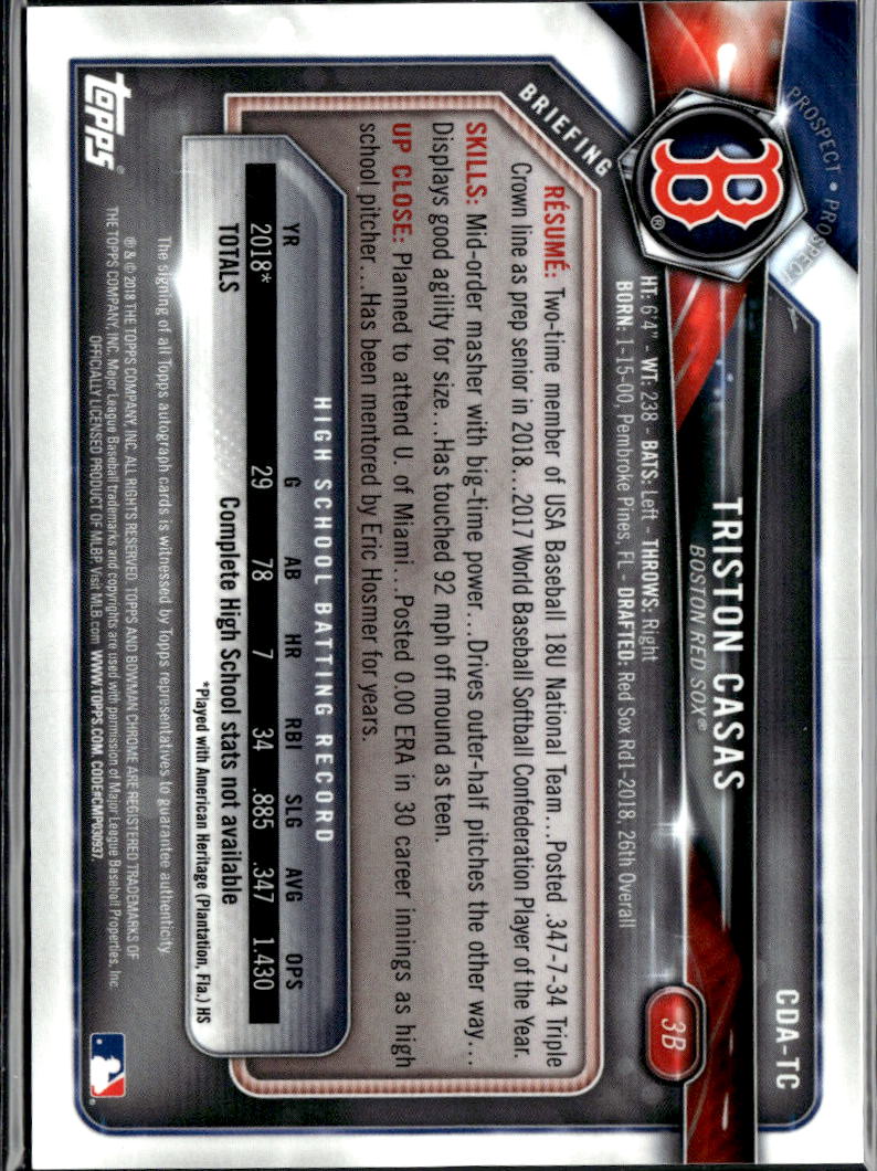 Triston Casas 2018 Bowman Chrome 1st Auto Autograph Purple /250 Boston Red Sox