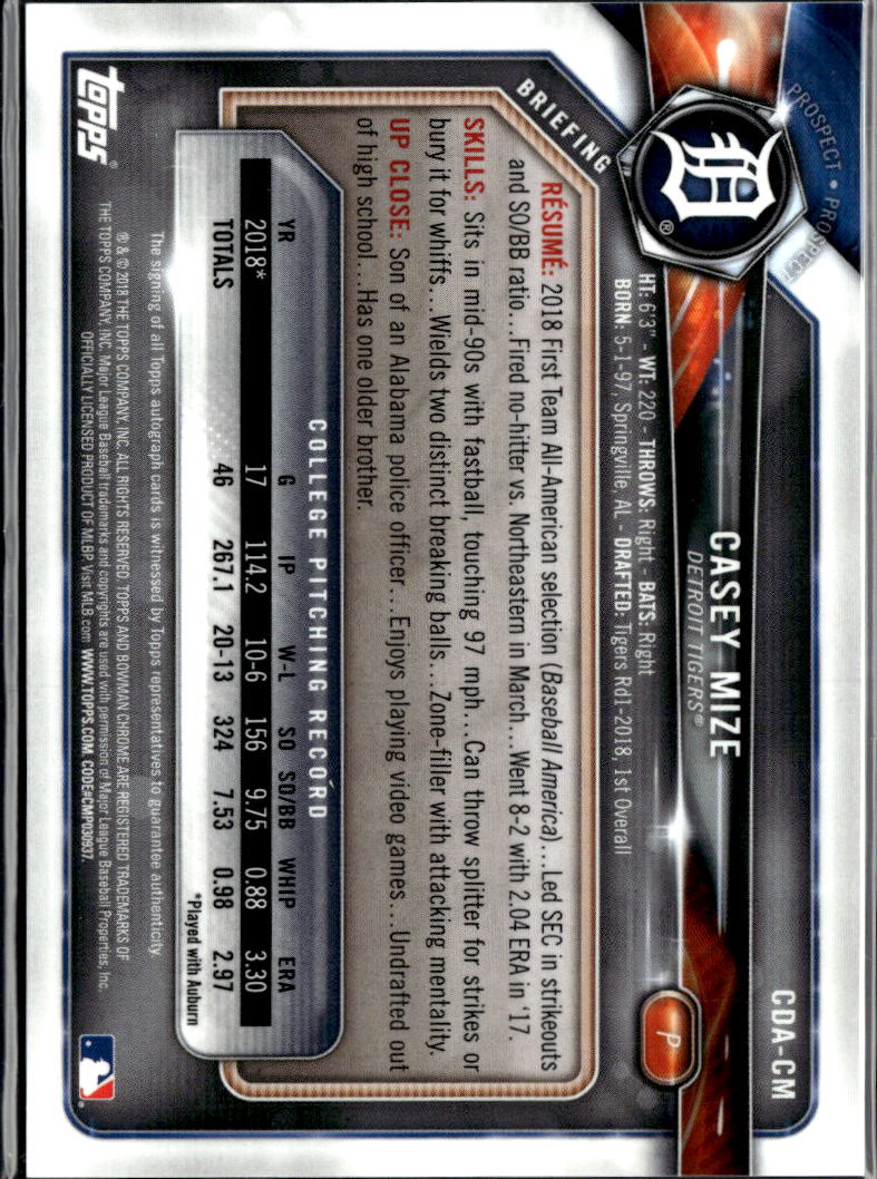 Casey Mize 2018 Bowman Chrome 1st Auto Autograph RC 63/250 Detroit Tigers