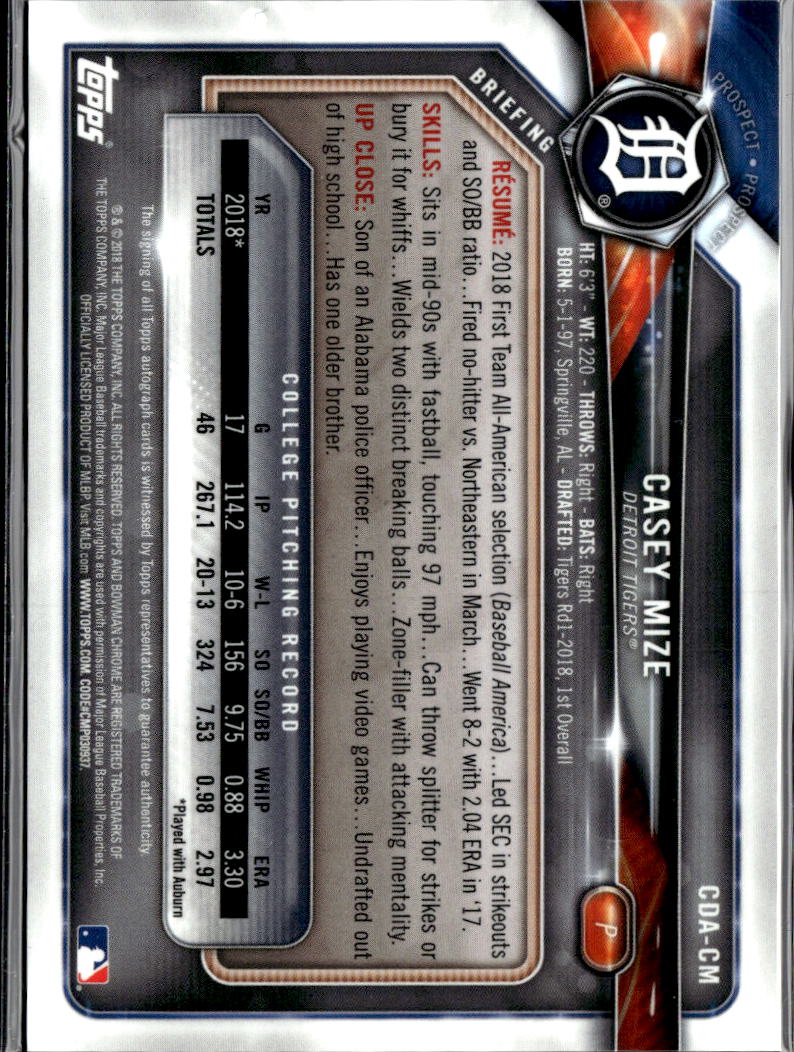 Casey Mize 2018 Bowman Chrome 1st Auto Autograph RC Blue 72/150 Detroit Tigers