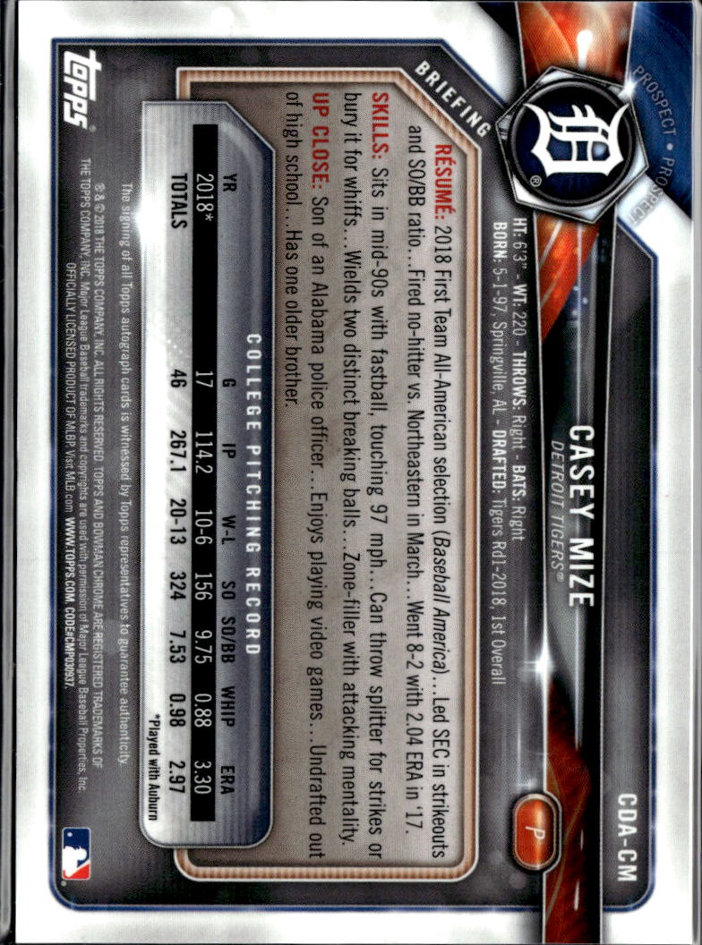 Casey Mize 2018 Bowman Chrome 1st Auto Autograph RC Blue 86/150 Detroit Tigers