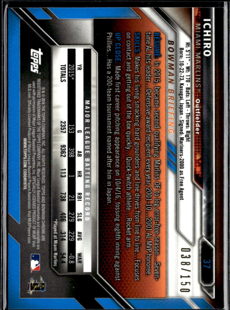 Ichiro 2016 Bowman Chrome Blue Refractor 38/150 Miami Marlins
