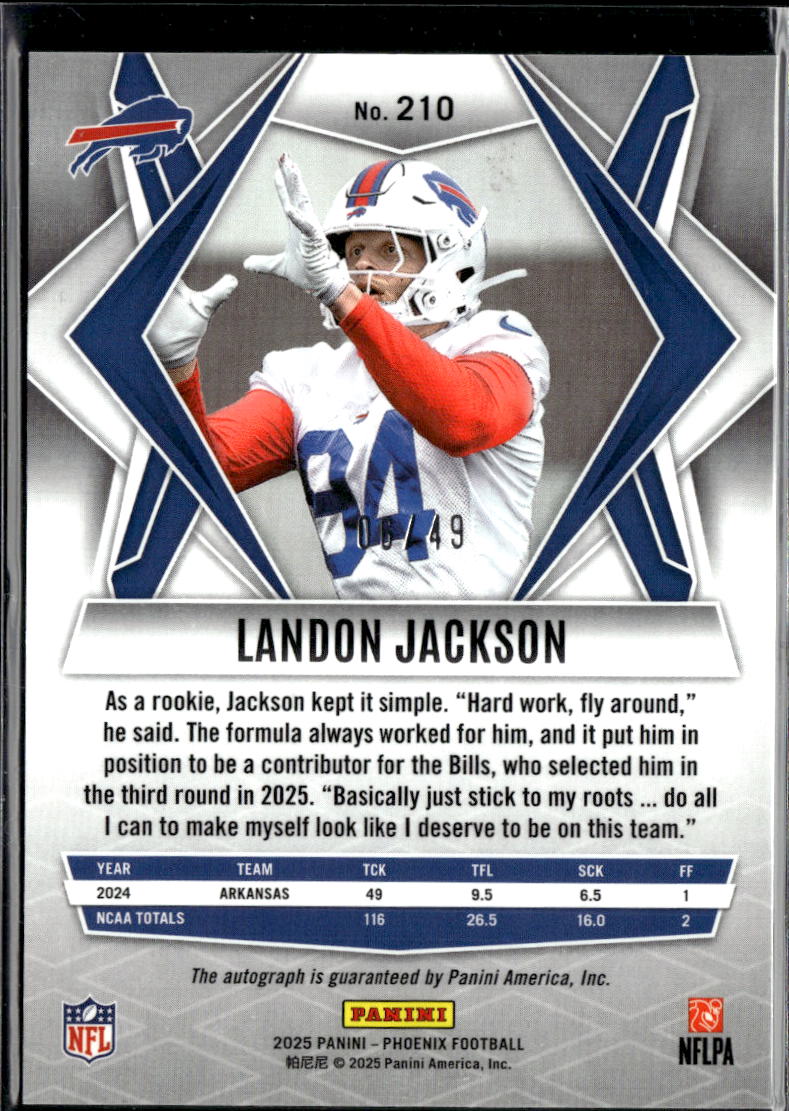 Landon Jackson 2025 Phoenix Auto Autograph RC Blue 6/49 Buffalo Bills