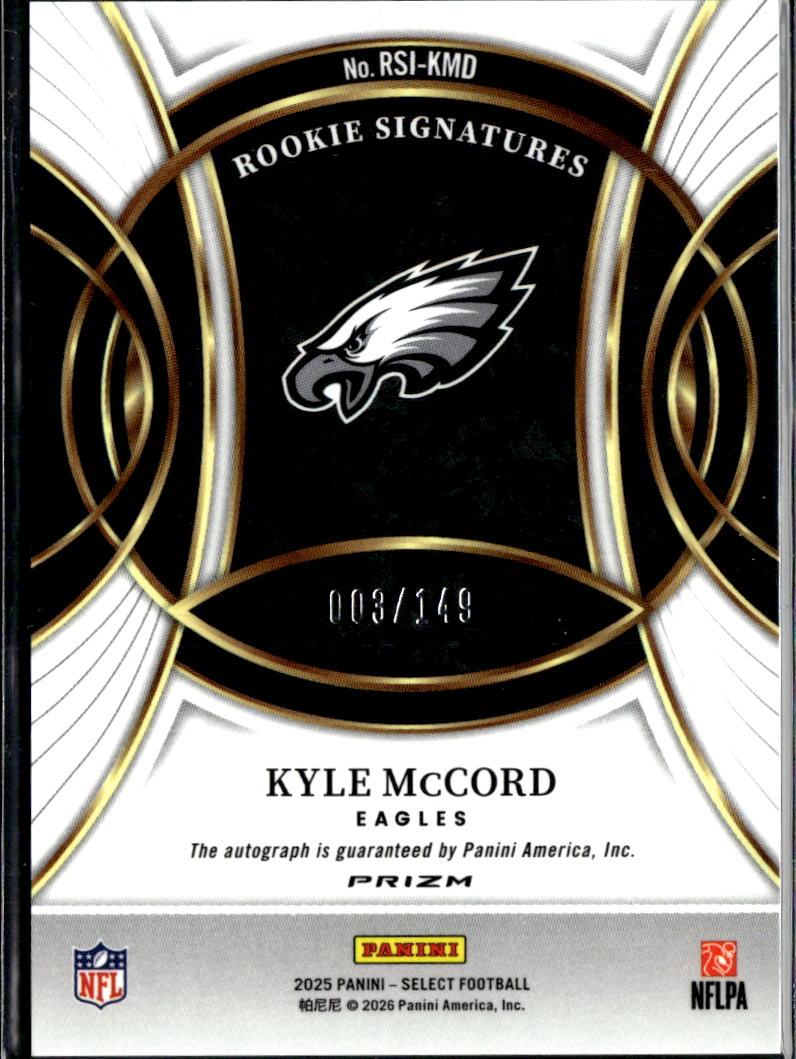 Kyle Mccord 2025 Select Silver Ink Auto Autograph RC Blue Ealges 3/149