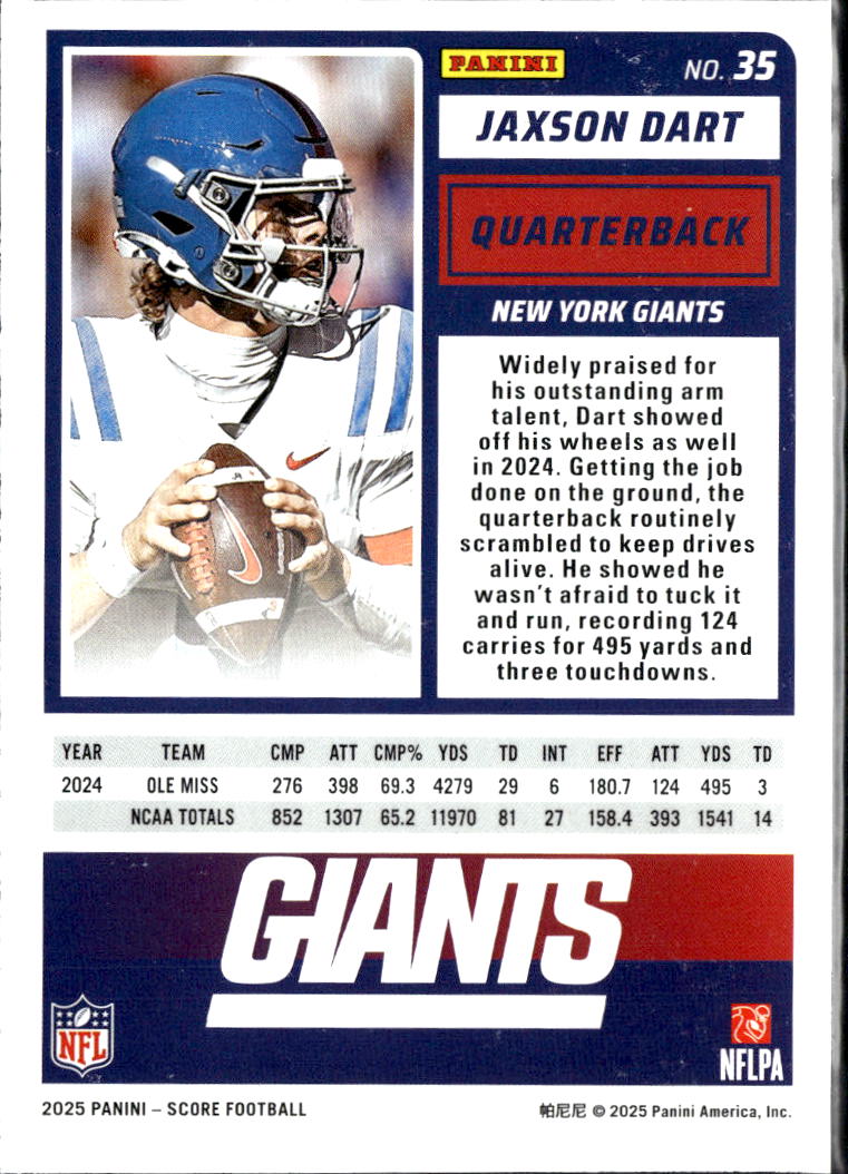 Jaxson Dart 2025 Score Pink Swirl Rookie RC 95/399 New York Giants