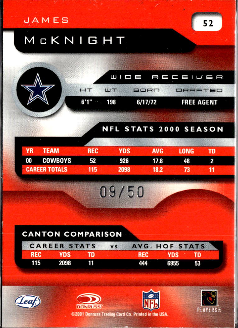 James McKnight 2001 Leaf Quantum Infinity 9/50 Dallas Cowboys