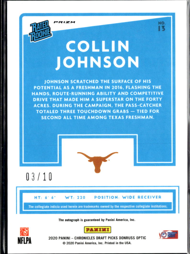 Collin Johnson 2020 Optic GOLD Auto Autograph Rookie RC 3/10 Texas Longhorns