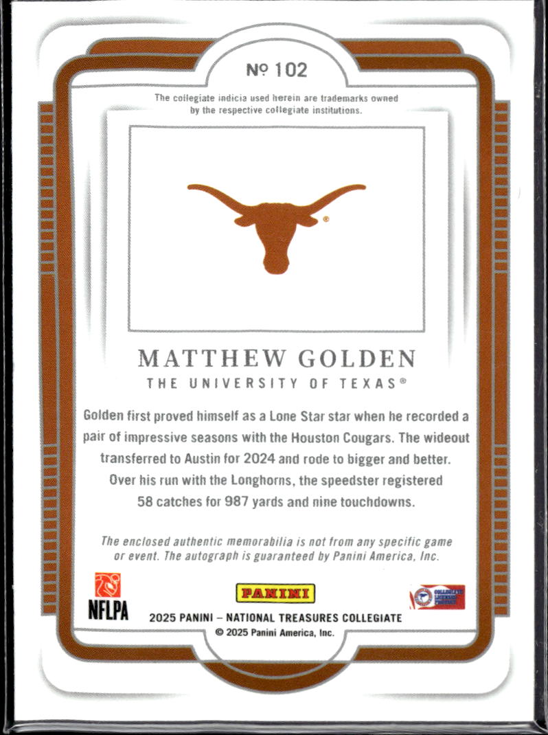 Matthew Golden 2025 National Treasures Auto Autograph Patch /99 Texas Longhorns