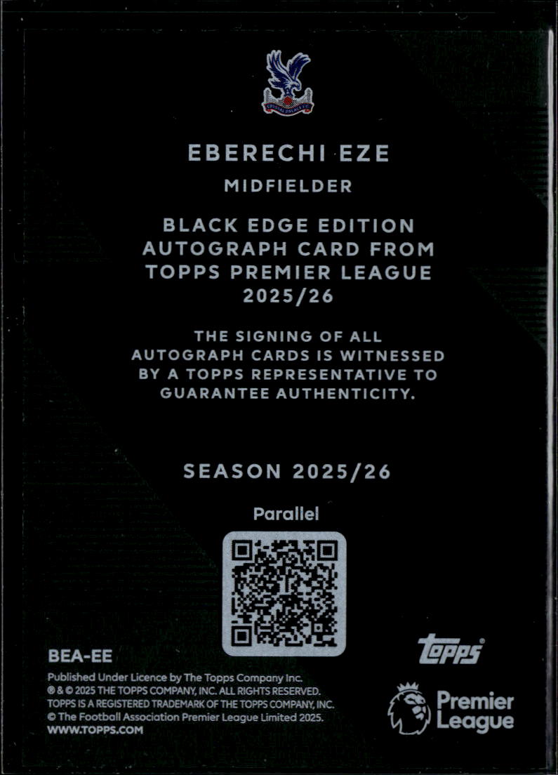 Eberechi Eze 2025 Topps Premier Black Edge Auto Autograph 22/99 Crystal Palace