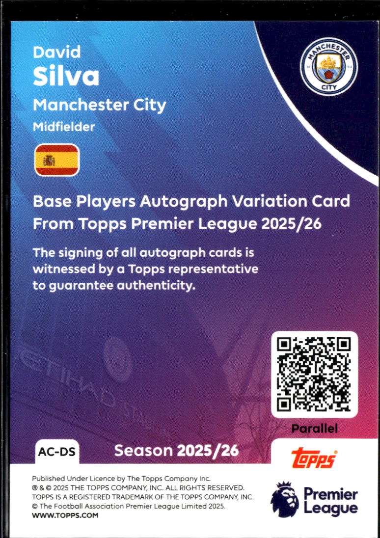 David Silva 2025 Topps Premier League Auto Autograph GOLD 3/50 Manchester City