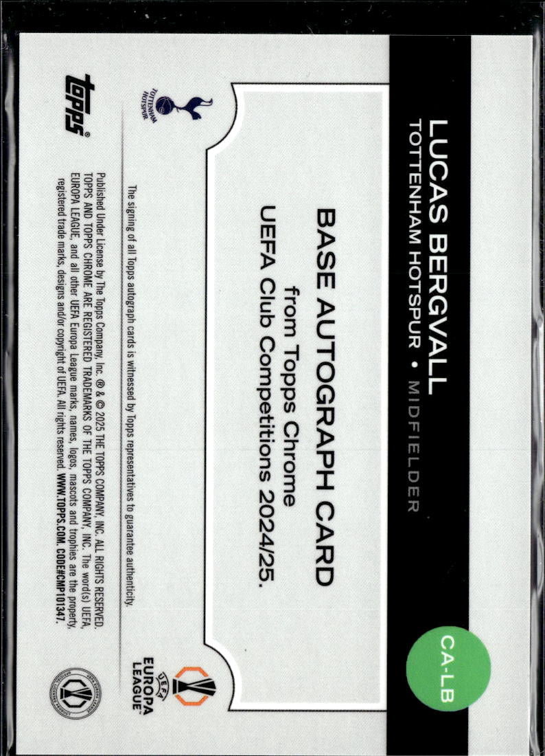Lucas Bergvall 2025 Topps Chrome Auto Autograph Blue RC 84/150 Tottenham Hotspur