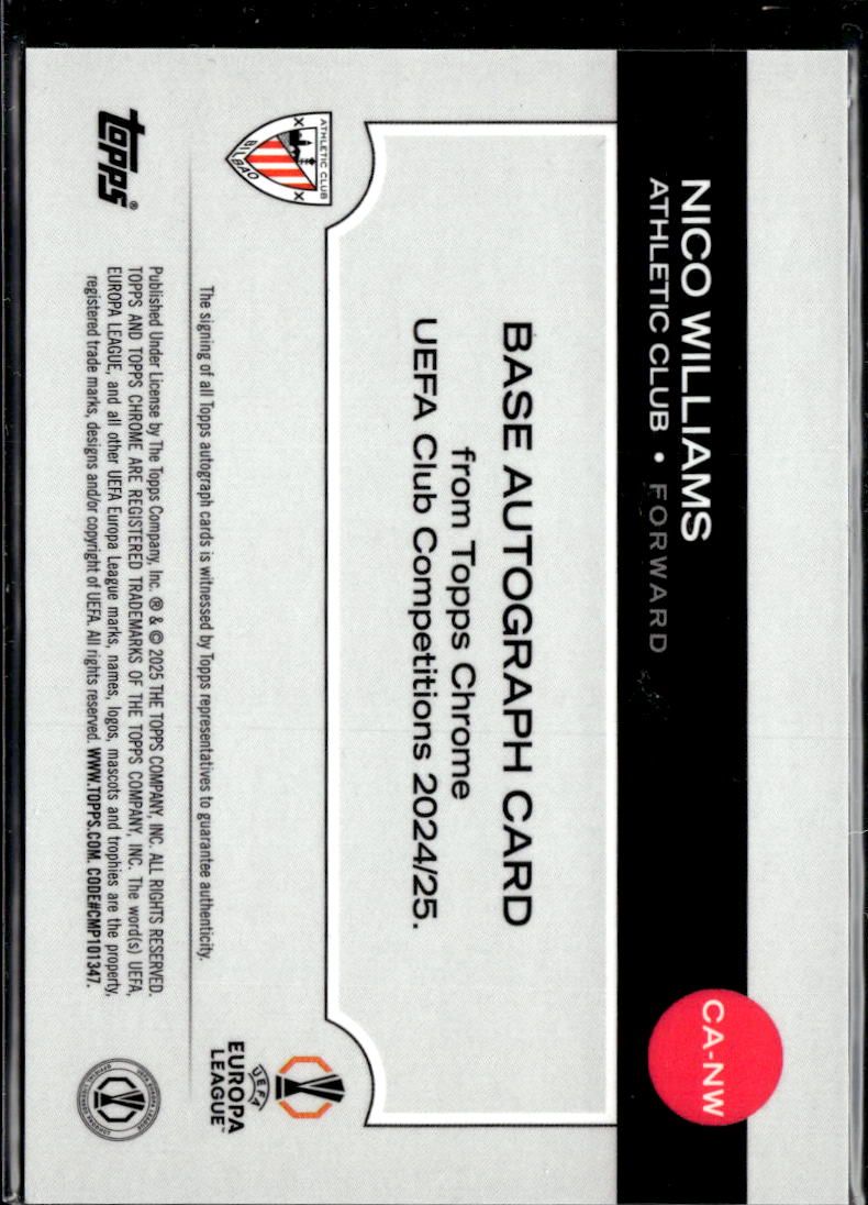 Nico Williams 2025 Topps Chrome UEFA Auto Autograph Athletic Club