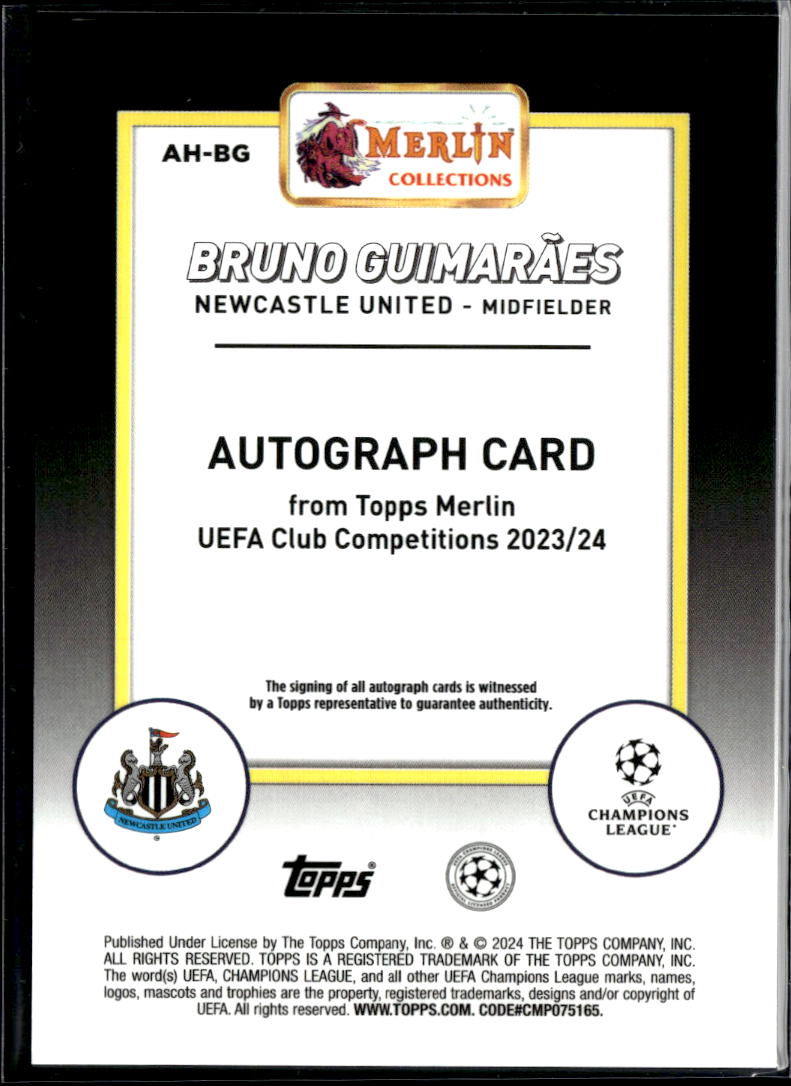 Bruno Guimarães 2024 Topps Merlin Auto Autograph Aqua 100/199 Newcastle United