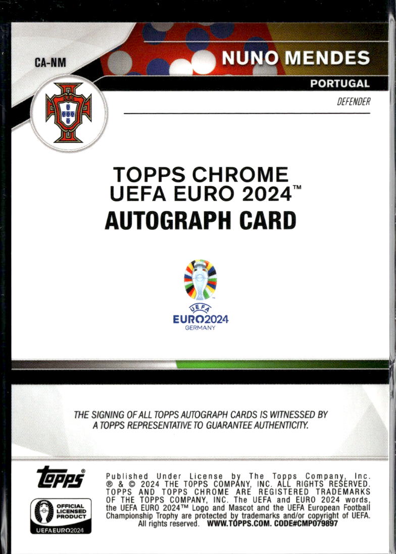 Nuno Mendes 2024 Topps Chrome UEFA Euro Autograph Auto Portugal