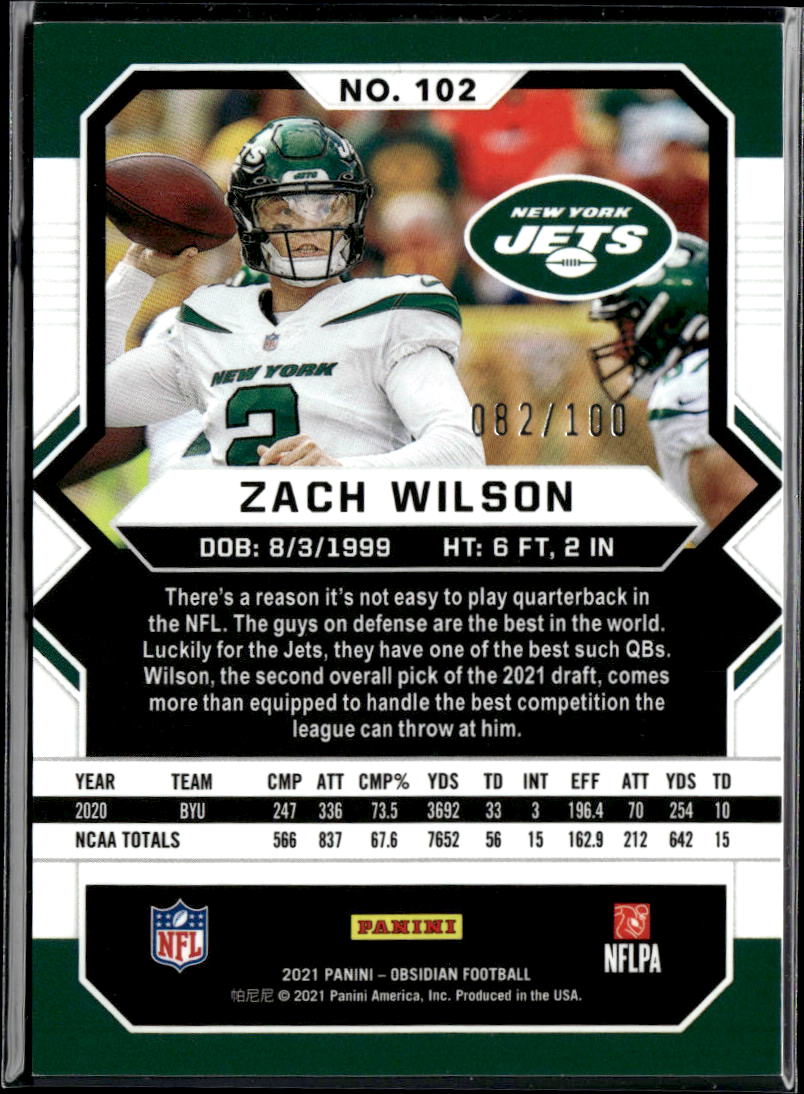 Zach Wilson 2021 Obsidian Rookie RC Purple 82/100 New York Jets