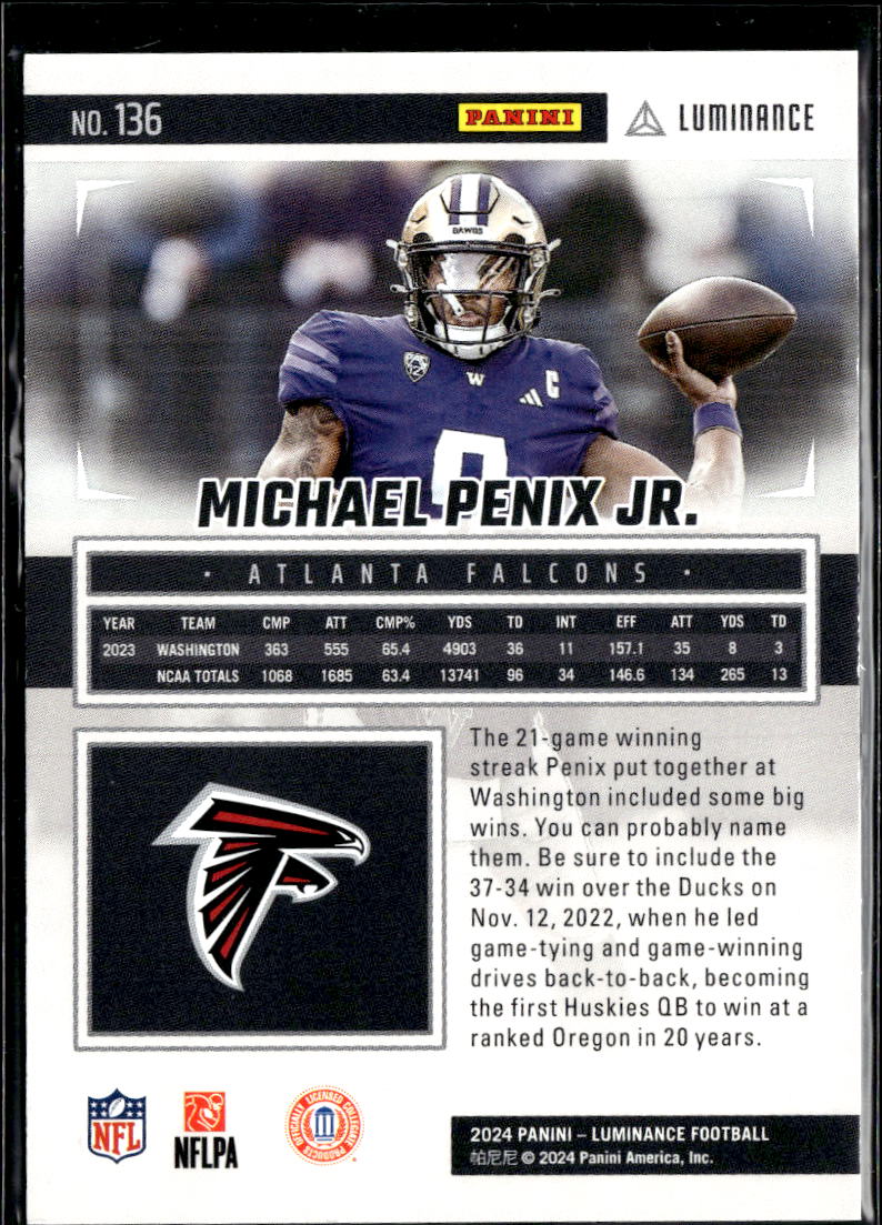Michael Penix Jr. 2024 Luminance Blue Rookie RC 135/150 Atlanta Falcons