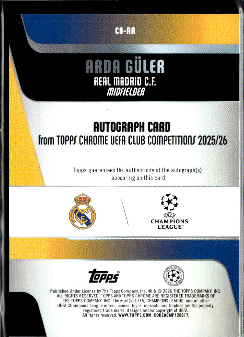 Arda Guler 2026 Topps Chrome UEFA Auto Autograph Blue 13/150 Real Madrid