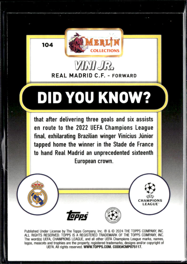 Vini Jr. 2024 Topps Merlin Green Refractor 16/99 Real Madrid