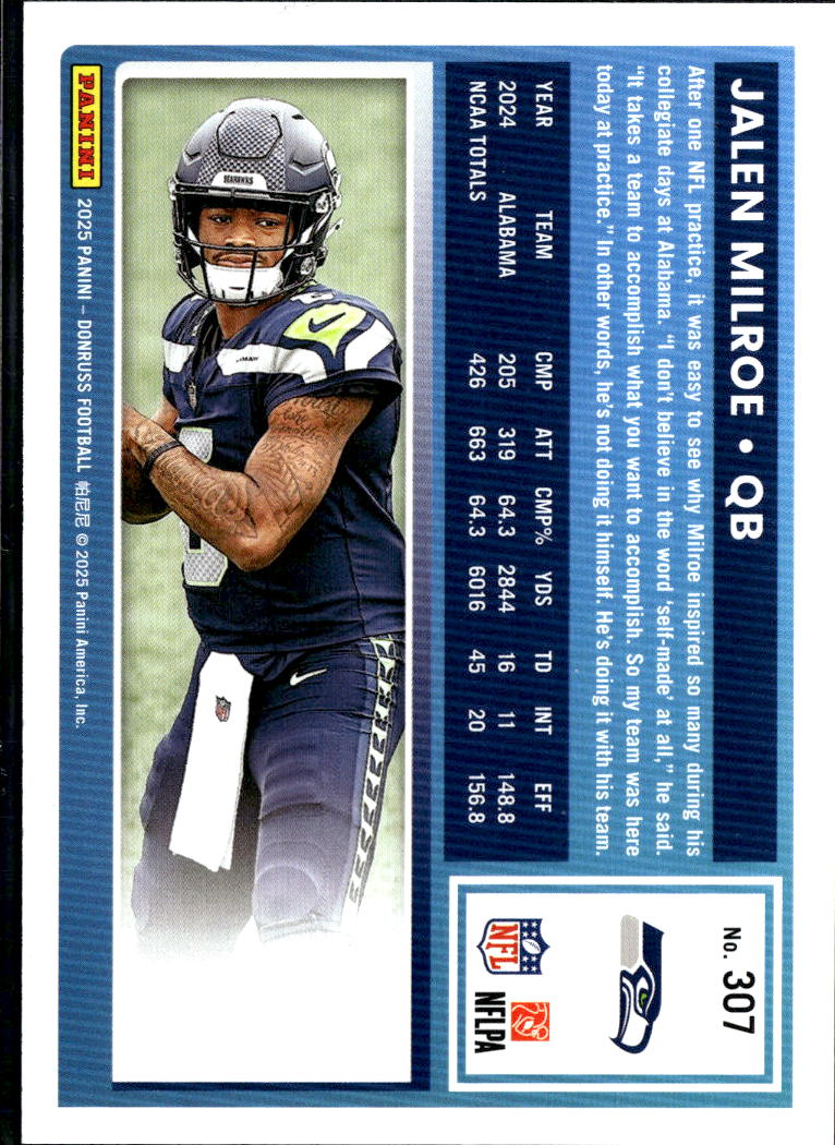 Jalen Milroe 2025 Donruss Rated Rookie Silver Press Proof 126/199 Seahawks