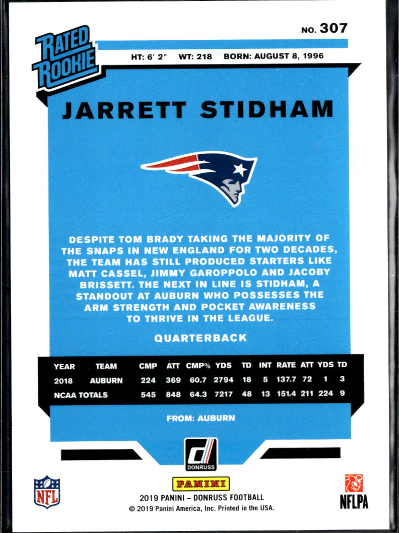 Jarrett Stidham 2019 Donruss Rated Rookie Purple 256/500 New England Patriots