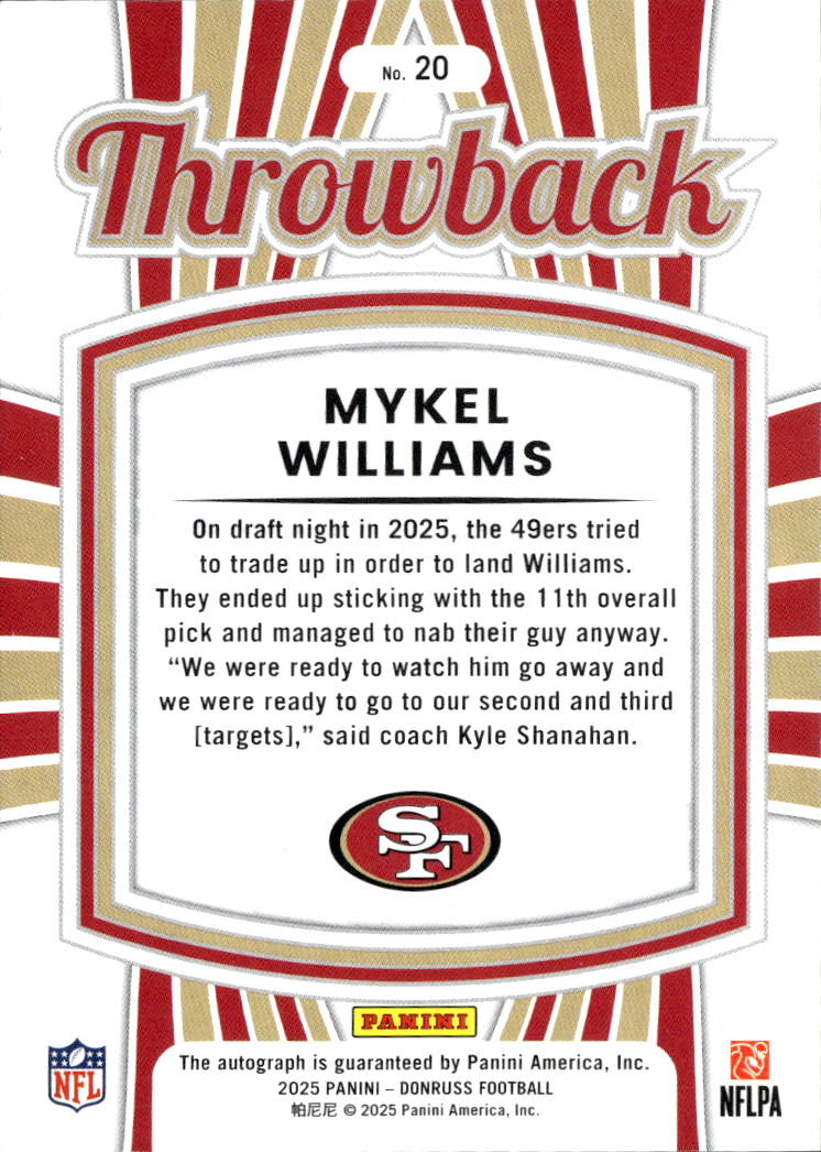 Mykel Williams 2025 Donruss Throwback Auto Autograph RC 48/49 49ers