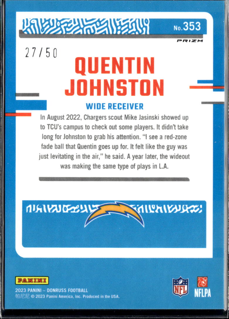 Quentin Johnston 2023 Optic Rated Rookie Purple Prizm RC 27/50 LA Chargers