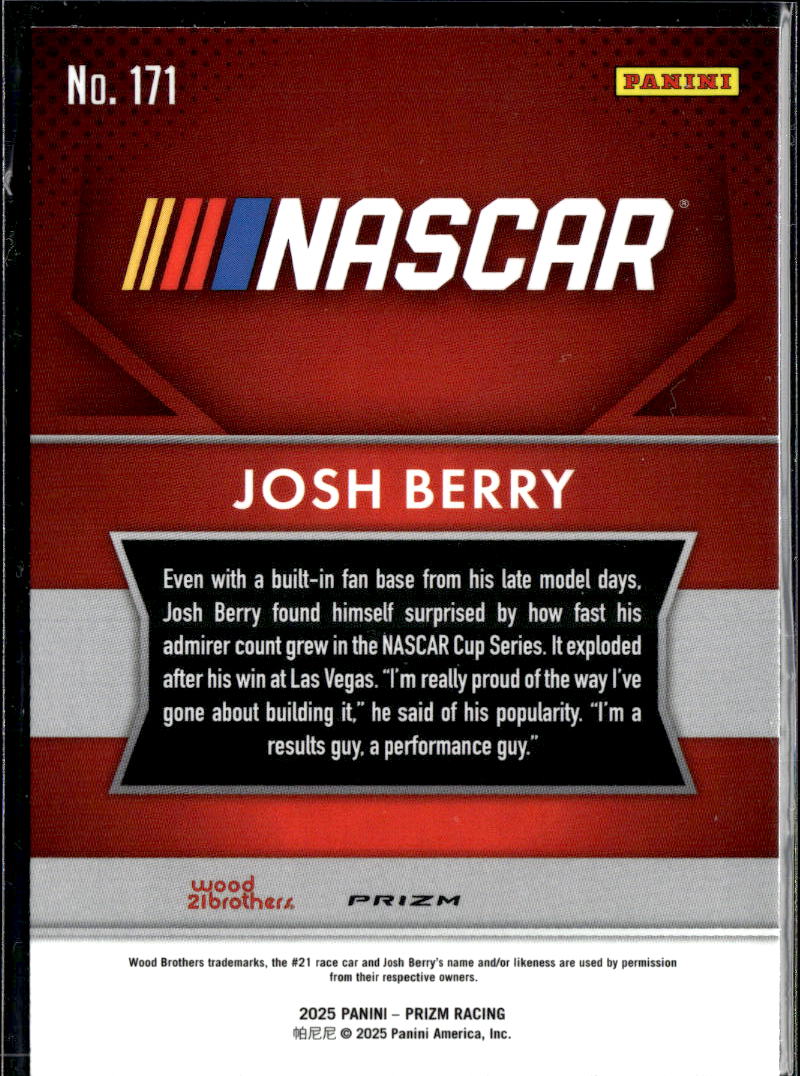 Josh Berry 2025 Panini Prizm Racing White Sparkle SSP Wood Brothers Racing