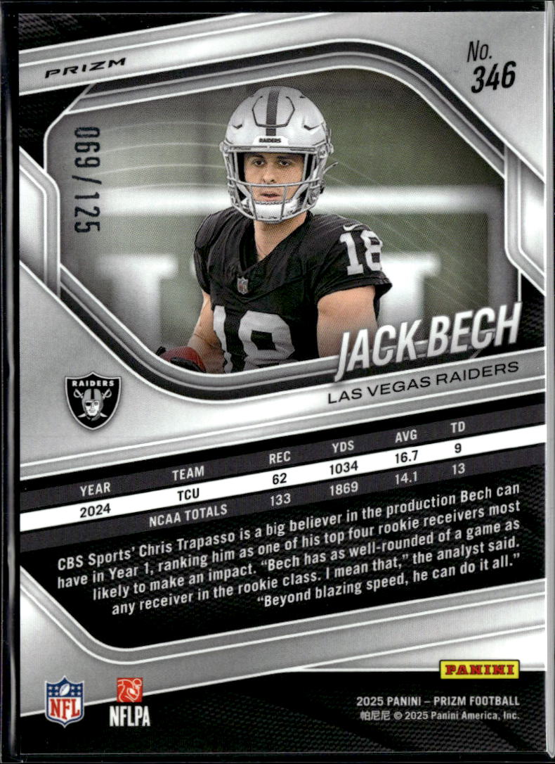 Jack Bech 2025 Prizm Purple Prizm RC Rookie 69/125 Las Vegas Raiders