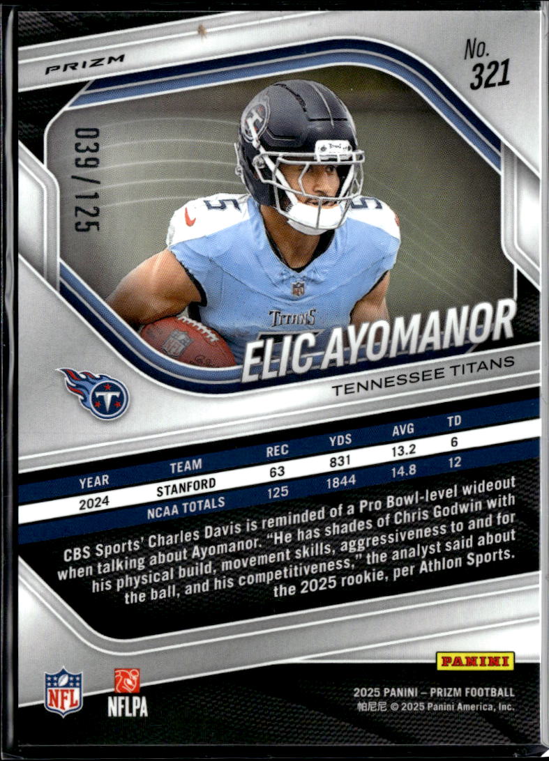 Elic Ayomanor 2025 Prizm Blue Disco Prizm Rookie RC 39/125 Tennessee Titans