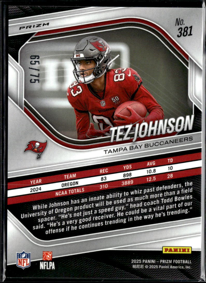 Tez Johnson 2025 Panini Prizm RC Green /75 Tampa Bay Buccaneers